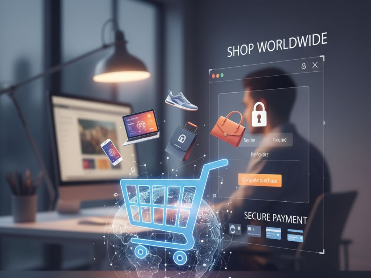 Digital scene with a shopping cart, globe, laptop and secure payment, Highlights custom ecommerce website development services.