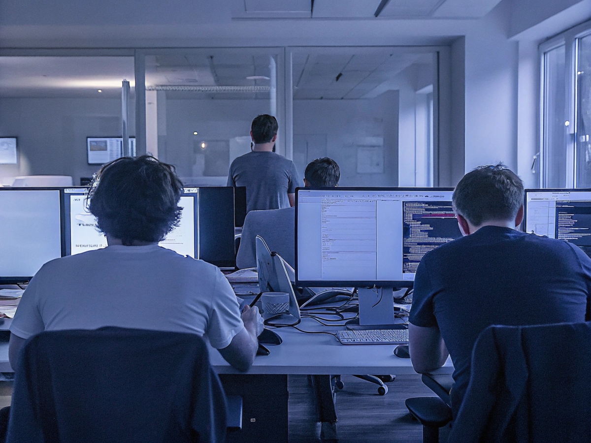 Back view of developers working on computers in an office, showcasing a custom ecommerce website development company.