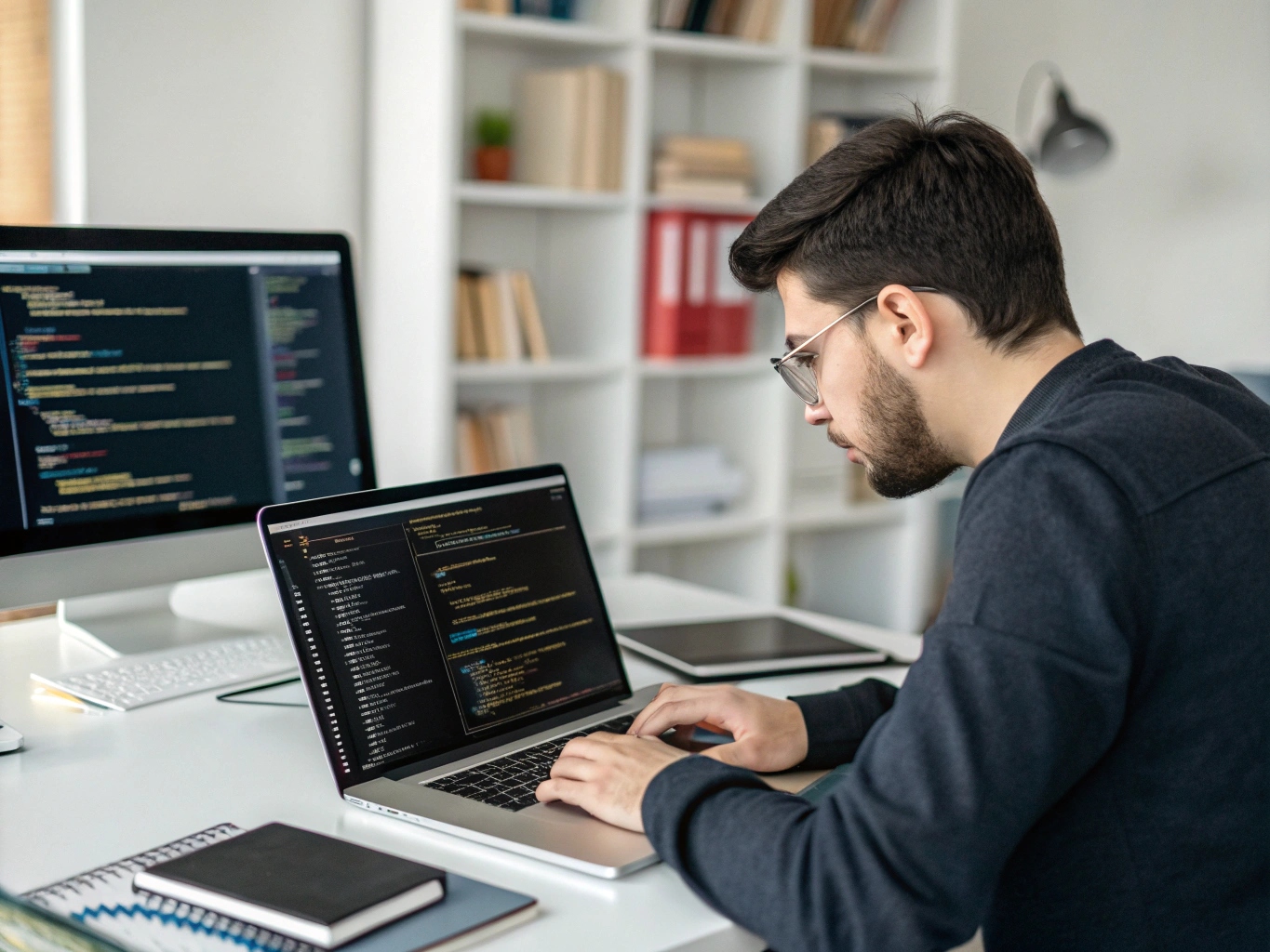 A man coding on a laptop with a second monitor, ideal for Expert WooCommerce Developers.