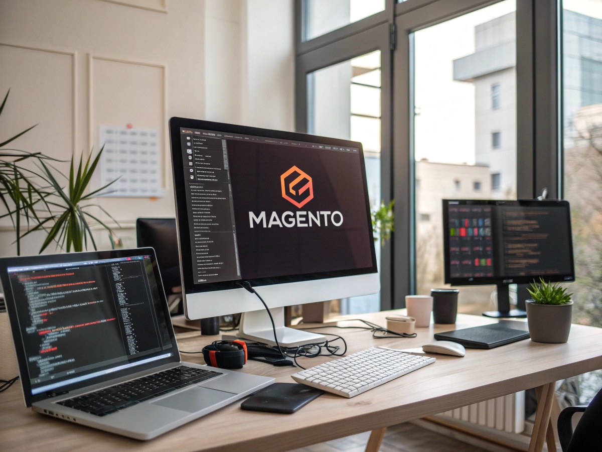 monitors showing Magento development, representing a professional magento website development company in action.