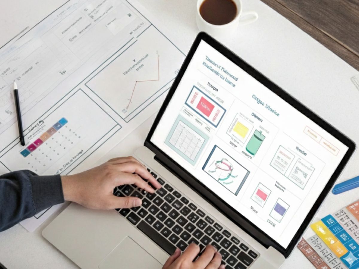 Hands typing on a laptop, displaying a website design, with papers and coffee on a white desk, ideal for Magento Website Development Services.