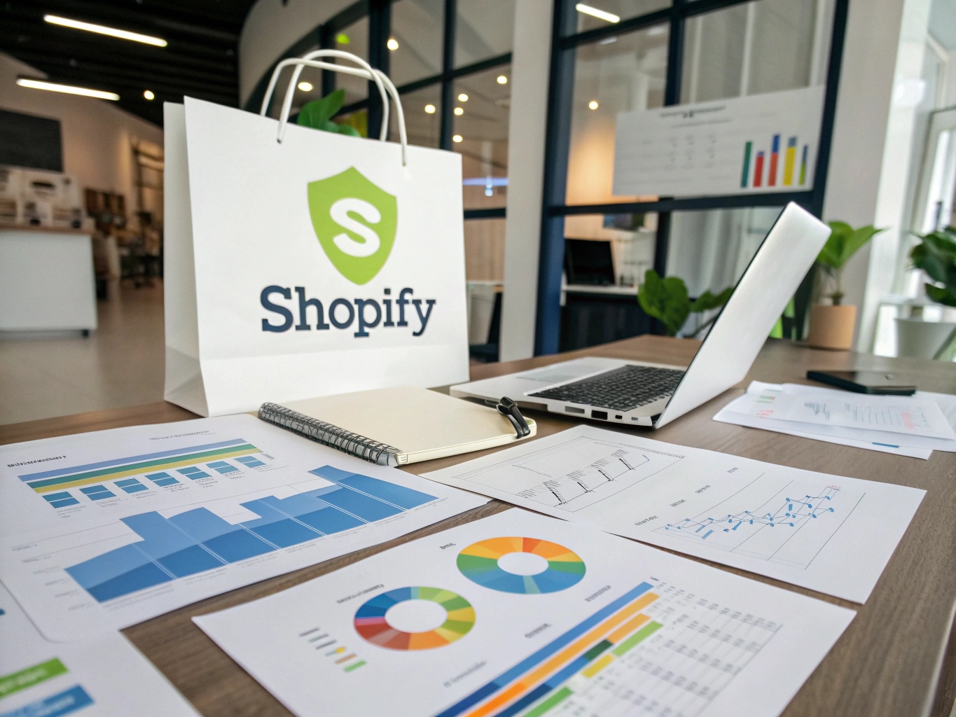 Shopify development partners in Texas analyzing e-commerce performance charts with a laptop, notebook, and Shopify-branded bag on a modern office desk.
