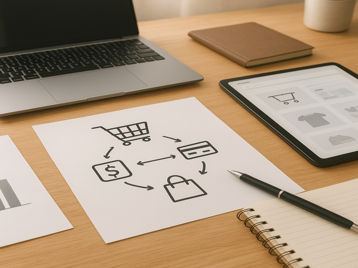 Ecommerce Web Development in Texas concept showing online shopping process diagram on a desk with laptop, tablet, and notebook