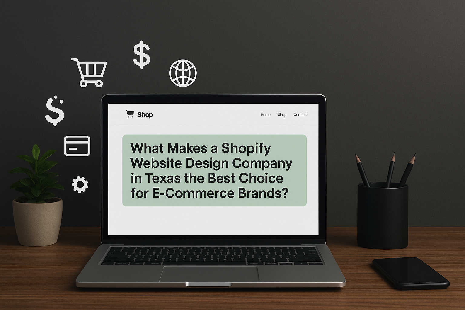 Modern workspace with laptop showing Shopify website design company in Texas for e-commerce success