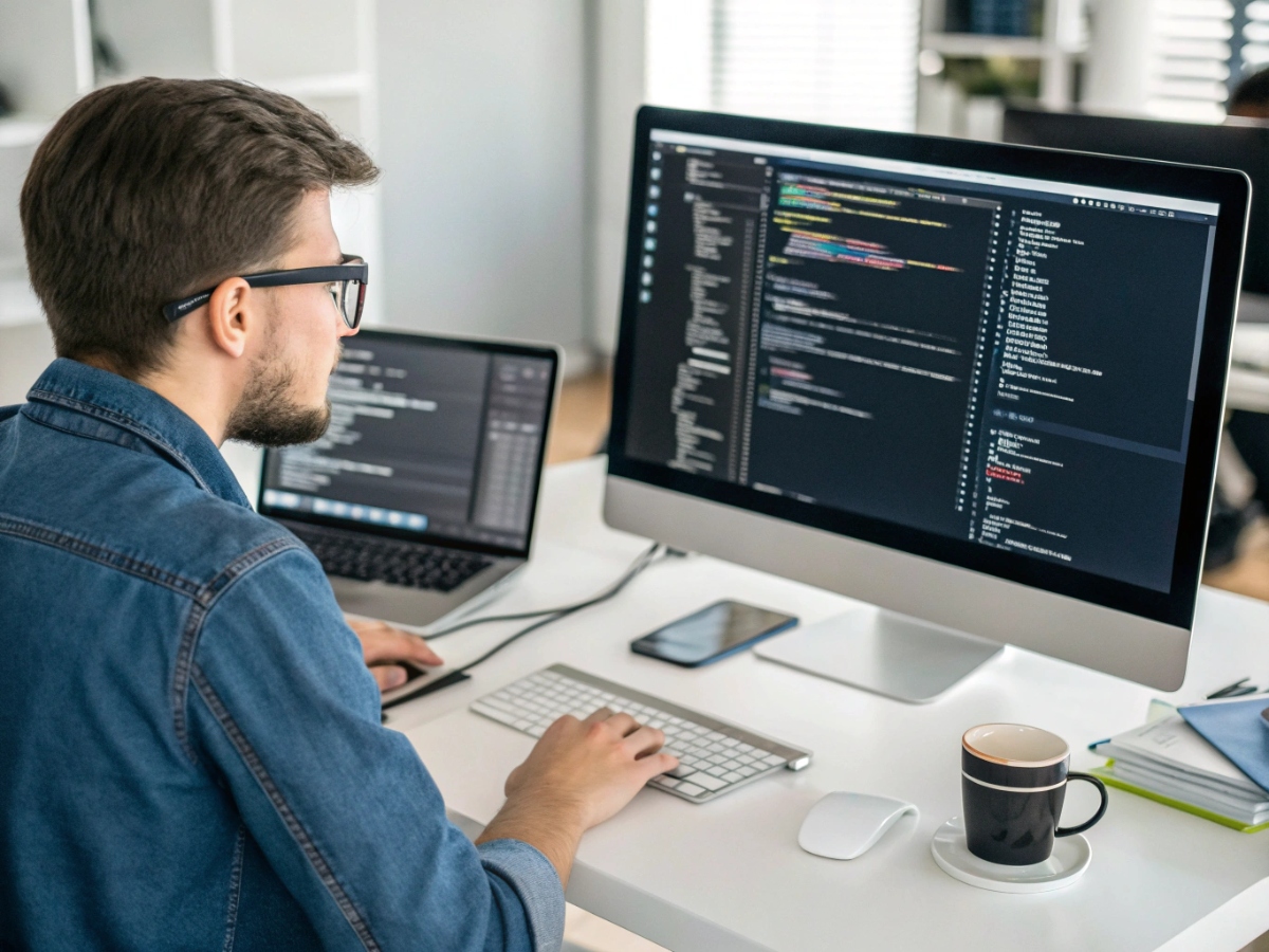 Expert Magento developer coding on desktop and laptop