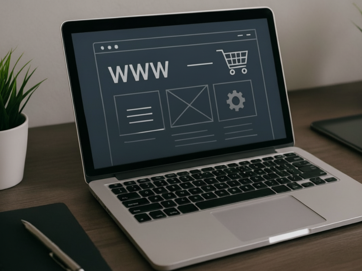 Ecommerce Website Development Services in USA designing an online store interface on a laptop with shopping cart and web layout elements.