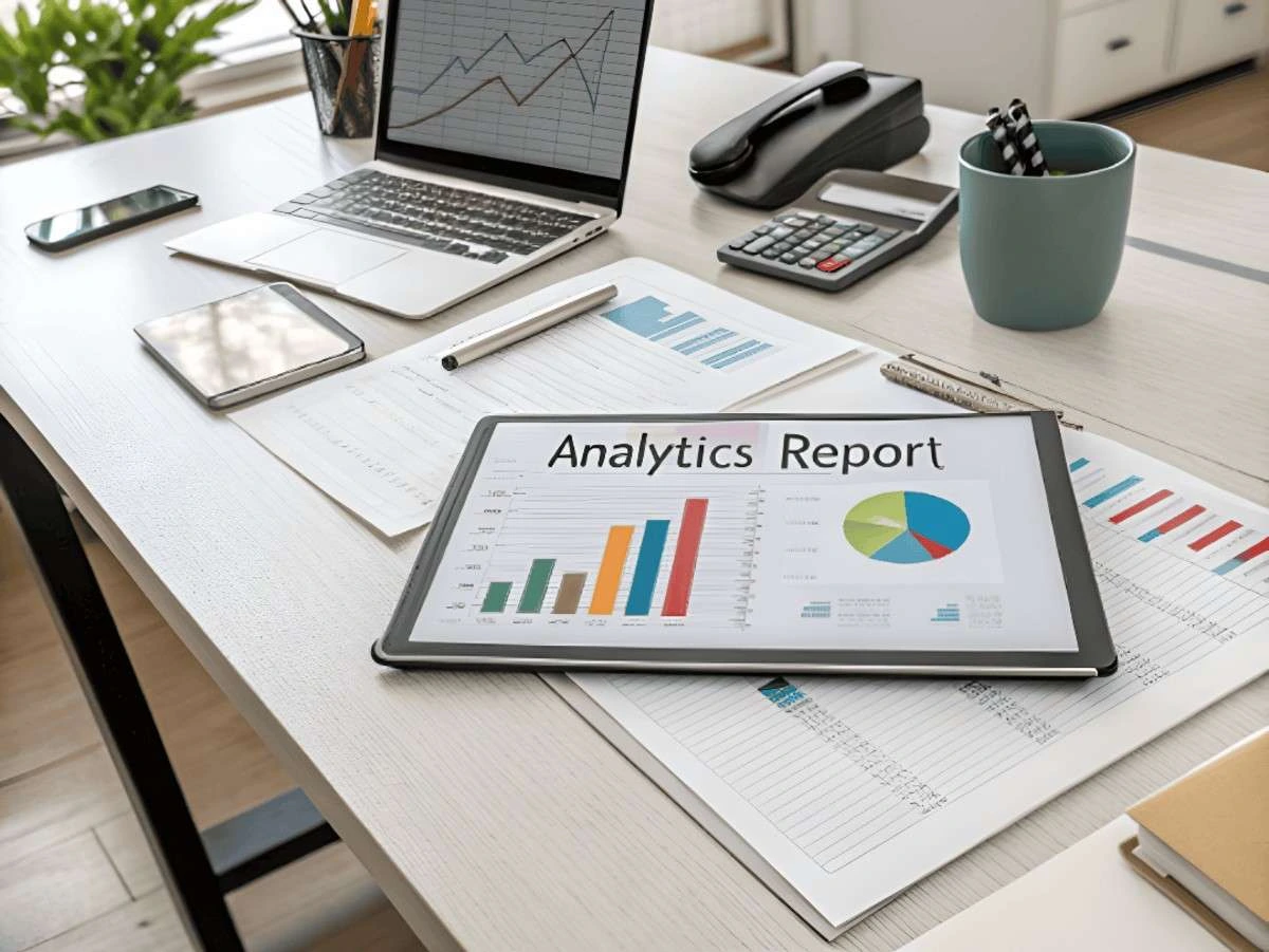 Modern office workspace with laptop and tablet displaying analytics report, business charts, graphs, and financial documents on desk – concept of IT outsourcing services and data analysis.