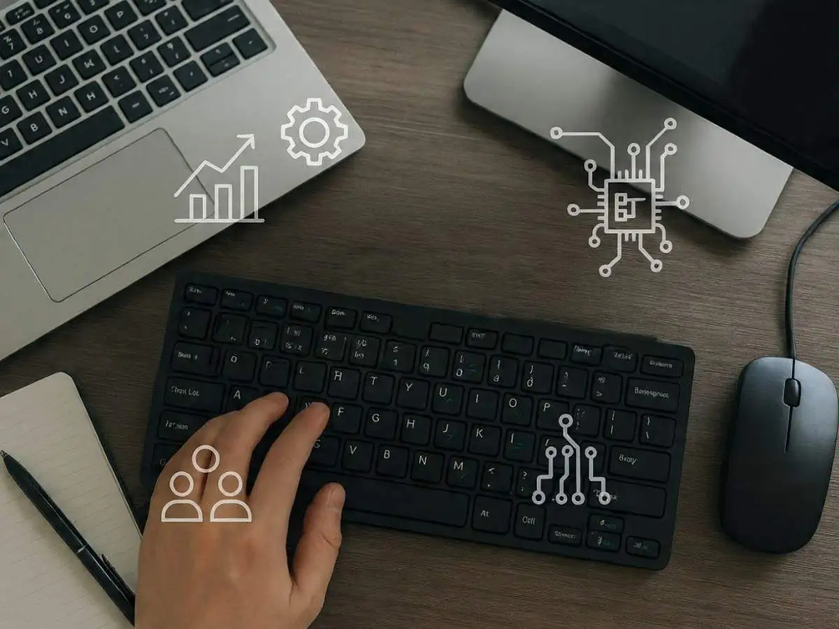 Professional workspace with laptop, keyboard, and mouse on desk, showing digital icons for growth, technology, and teamwork – concept of top IT staffing services in USA.