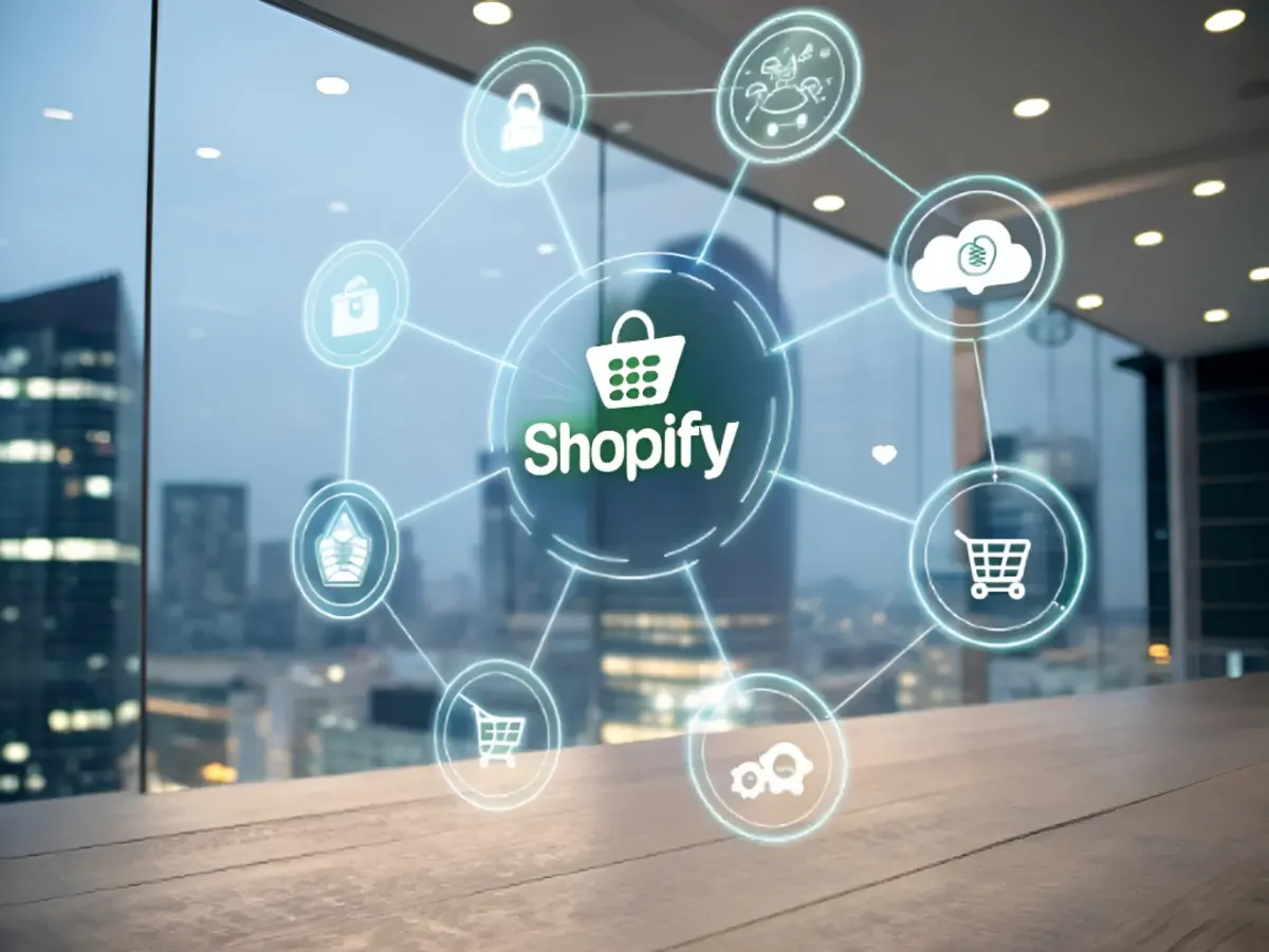 Digital illustration of the Shopify logo surrounded by ecommerce and cloud technology icons, representing AI integration and online store development.