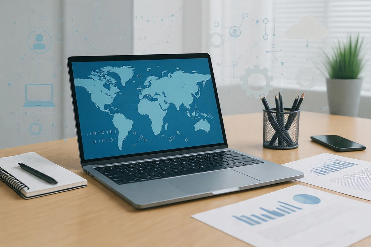 Modern office desk with laptop displaying world map and digital network graphics, documents with analytics charts, and smartphone – concept of global IT outsourcing and staff augmentation services.