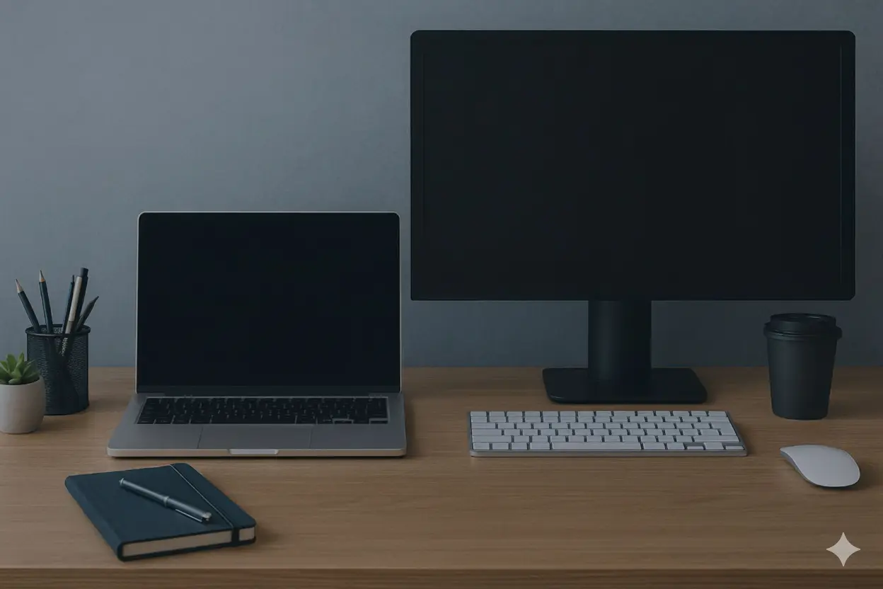 Modern office desk setup with laptop, desktop monitor, keyboard, and notebook – concept of IT staffing companies in USA and remote work solutions.