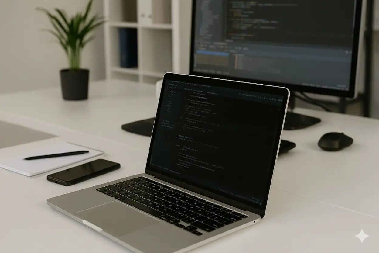 Modern workspace with laptop showing programming code and monitor in background – representing IT staff augmentation company in USA providing skilled software developers.