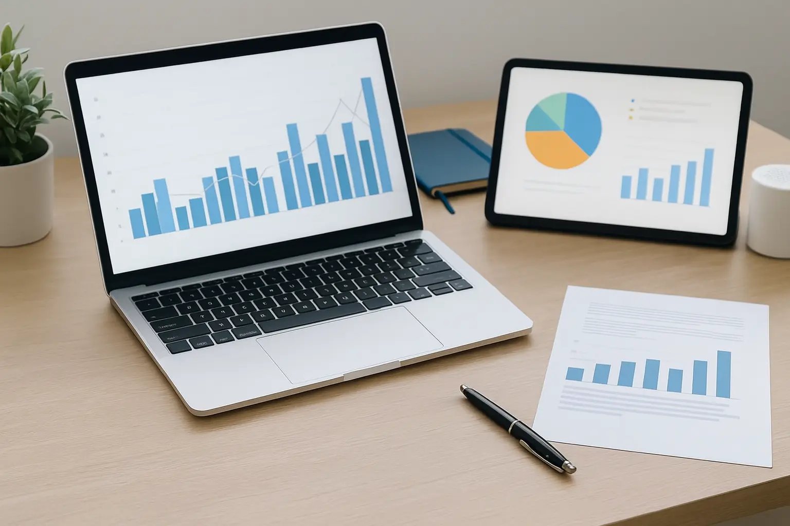 Office desk with laptop and tablet displaying analytics charts and graphs, representing data-driven solutions offered by an IT outsourcing company.