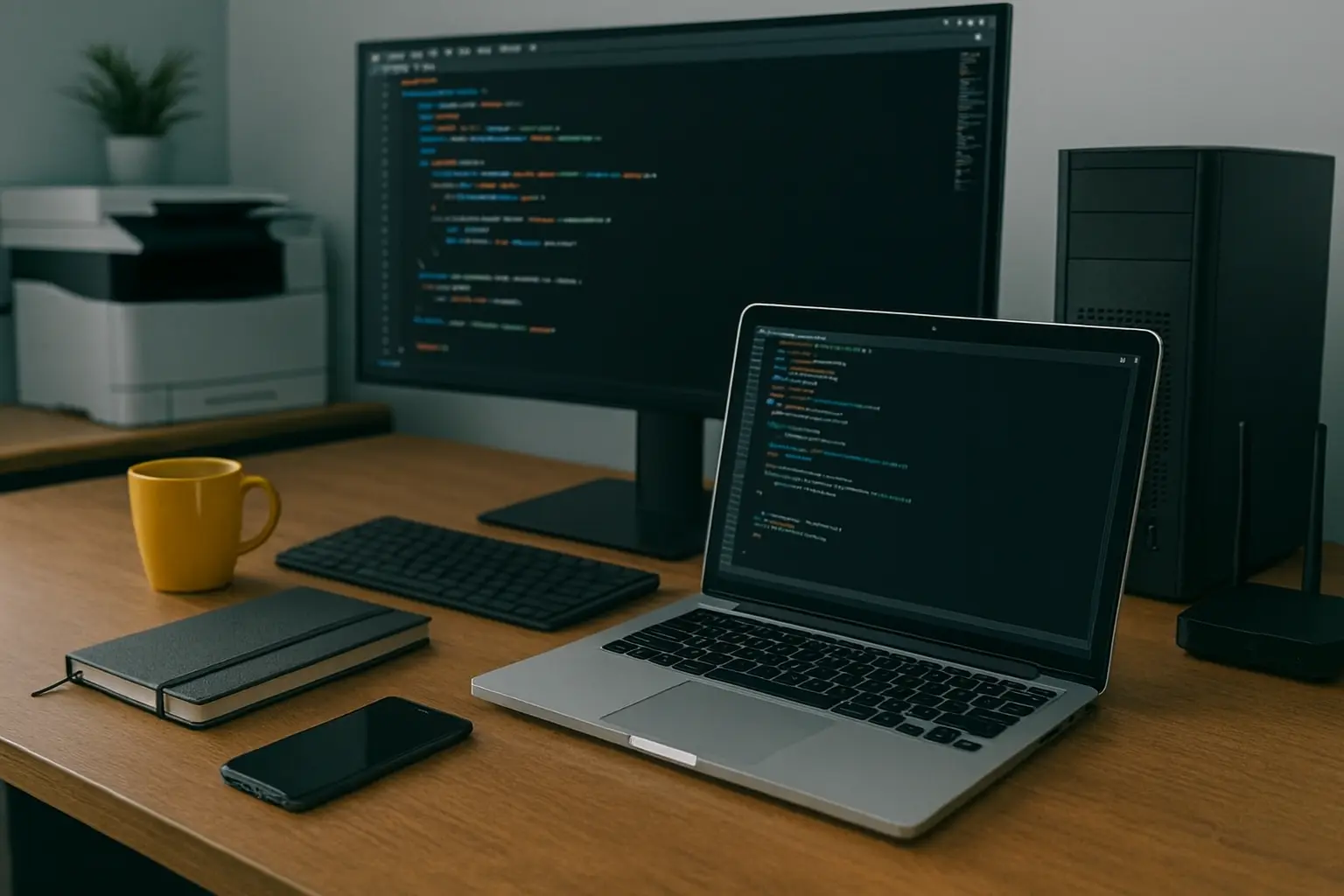 Developer workspace with laptop and monitor displaying code, representing an IT staff augmentation agency providing skilled software engineers.