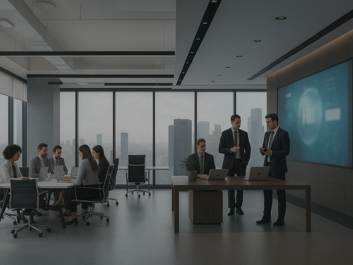Modern skyline at dusk with digital network overlay, illustrating the global and local reach of IT staffing companies near me, connecting talent for startups and enterprises.