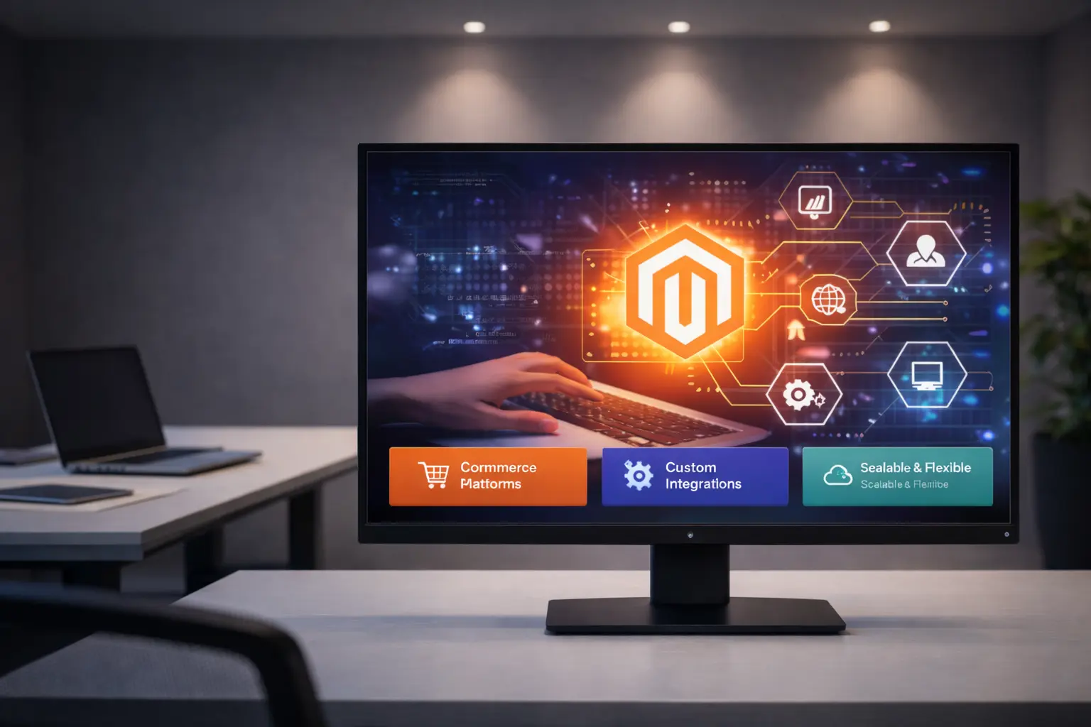 Desktop screen displaying the Magento platform interface with commerce, custom integration, and scalable ecommerce features in a professional workspace.