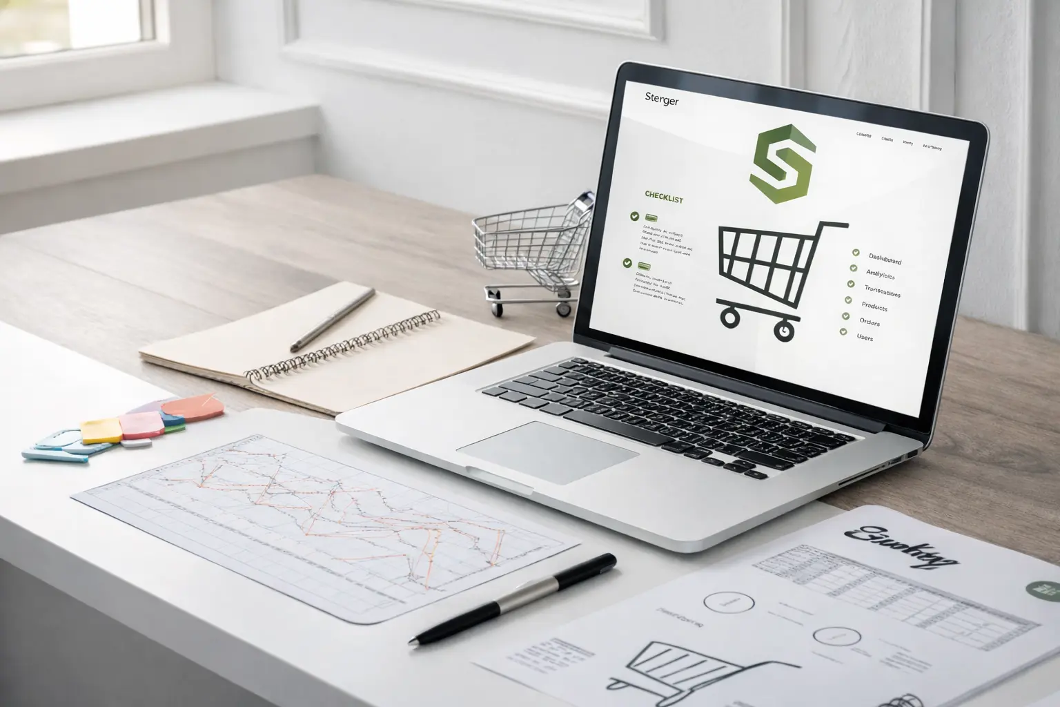 Shopify development partners in California creating ecommerce solutions with laptop, charts, and strategy documents on a modern workspace desk.