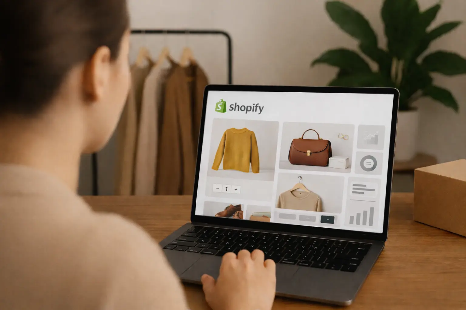 Person browsing a Shopify Plus store on a laptop, viewing product listings and analytics in a modern workspace, representing a Shopify Plus development agency in California.