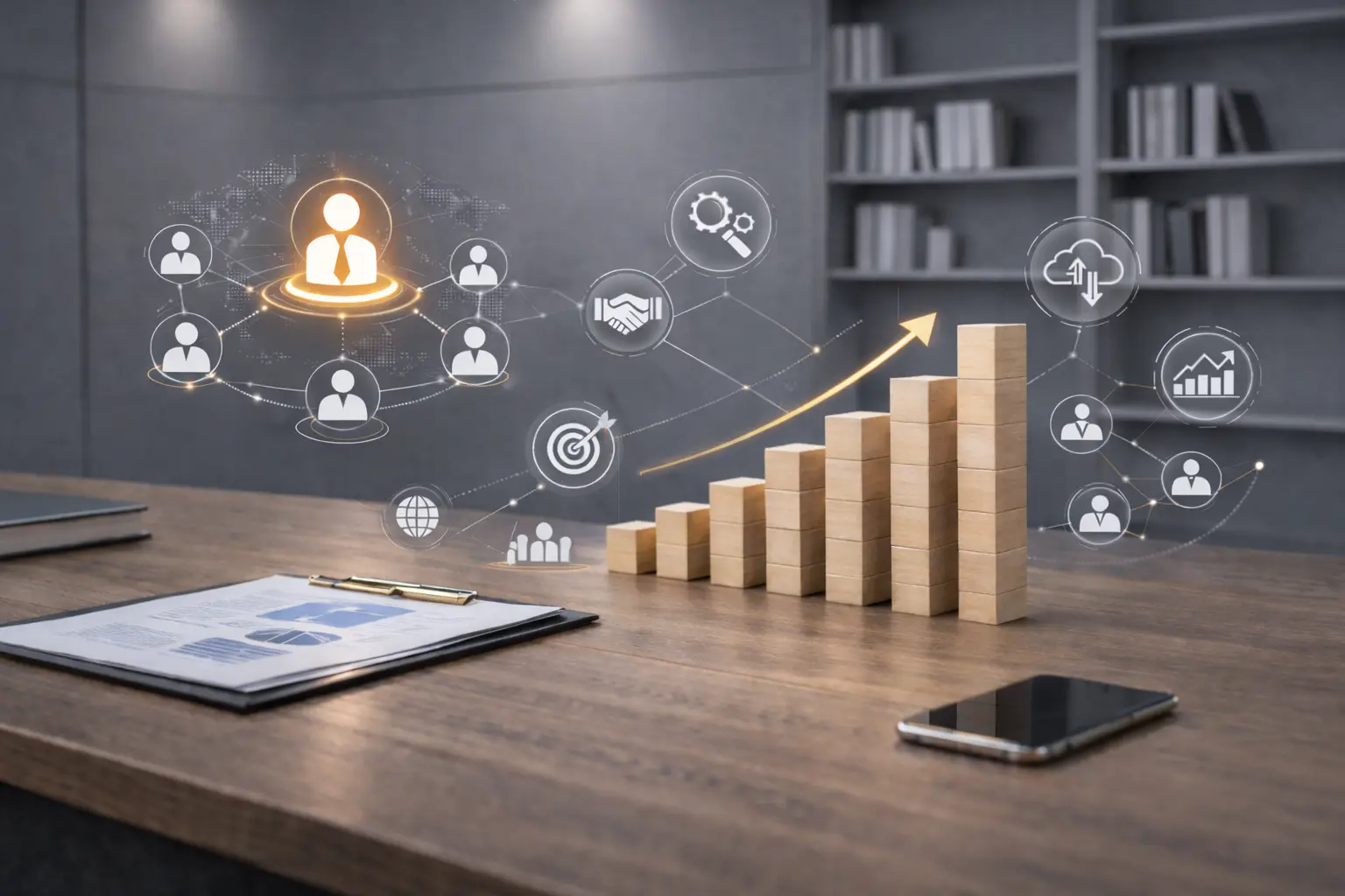 Office desk with rising bar graph blocks and digital business network icons highlighting leadership, partnerships, and growth, symbolizing the best IT staffing agencies in New York.