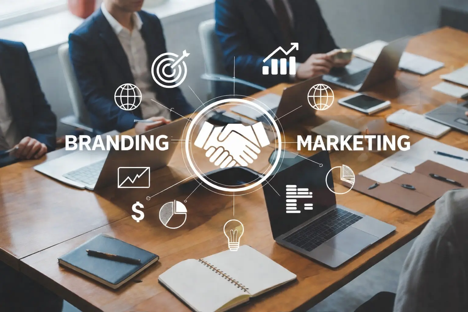 Business team collaborating around laptops with a digital handshake icon between “Branding” and “Marketing,” illustrating the relationship between branding strategy and marketing performance in a modern workspace.