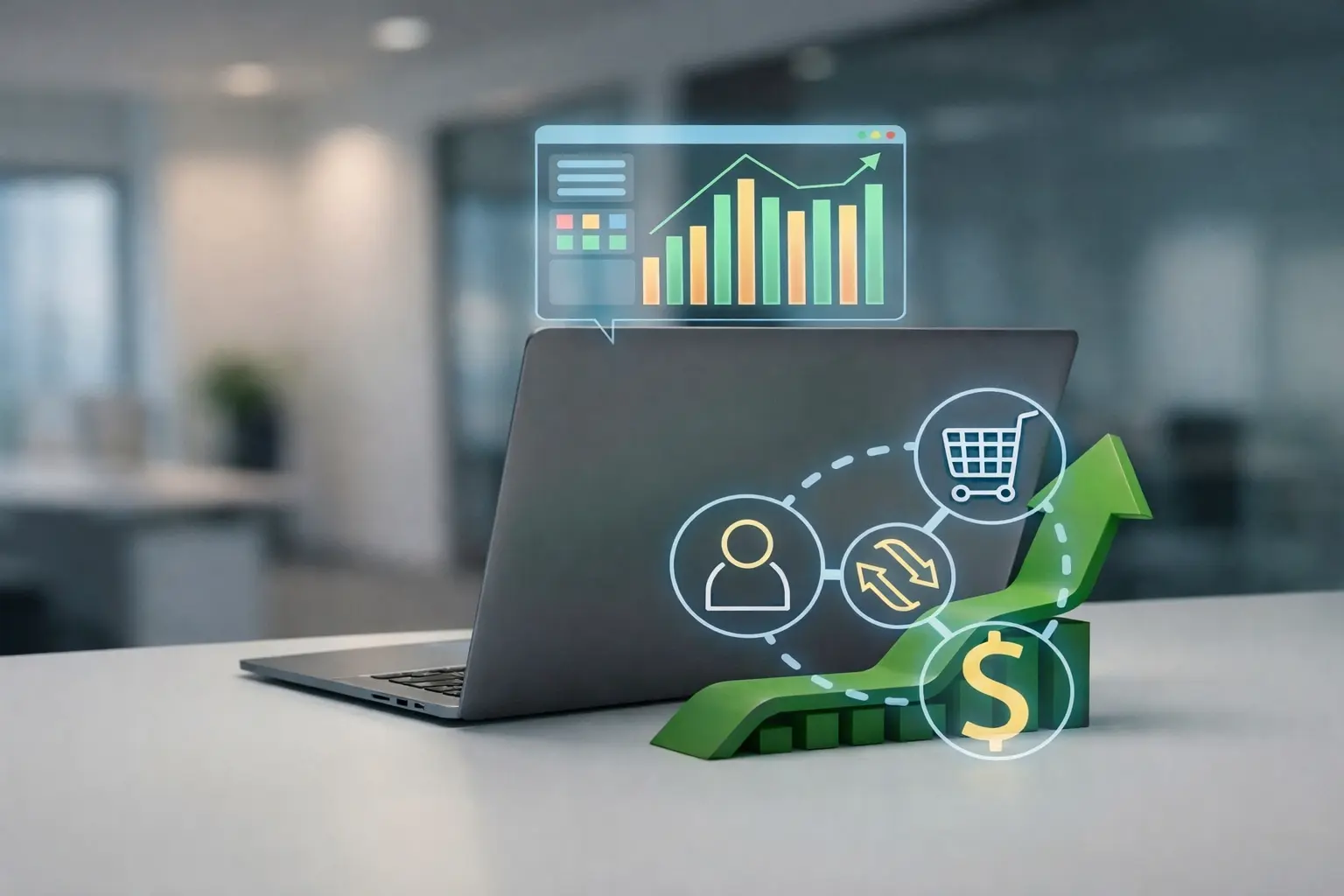 Laptop displaying ecommerce analytics with rising sales graph and shopping cart icons, representing expert Shopify developers in California improving online store performance and revenue growth.