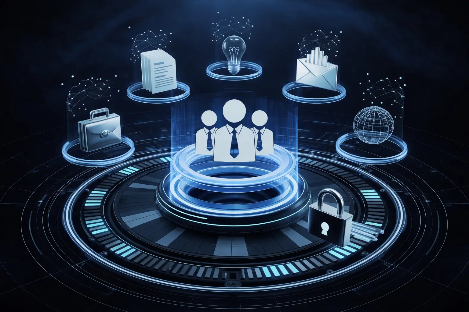 Futuristic digital interface showing a team icon surrounded by business, communication, and security symbols, representing the best IT staffing agencies in New York connecting skilled professionals with technology projects.