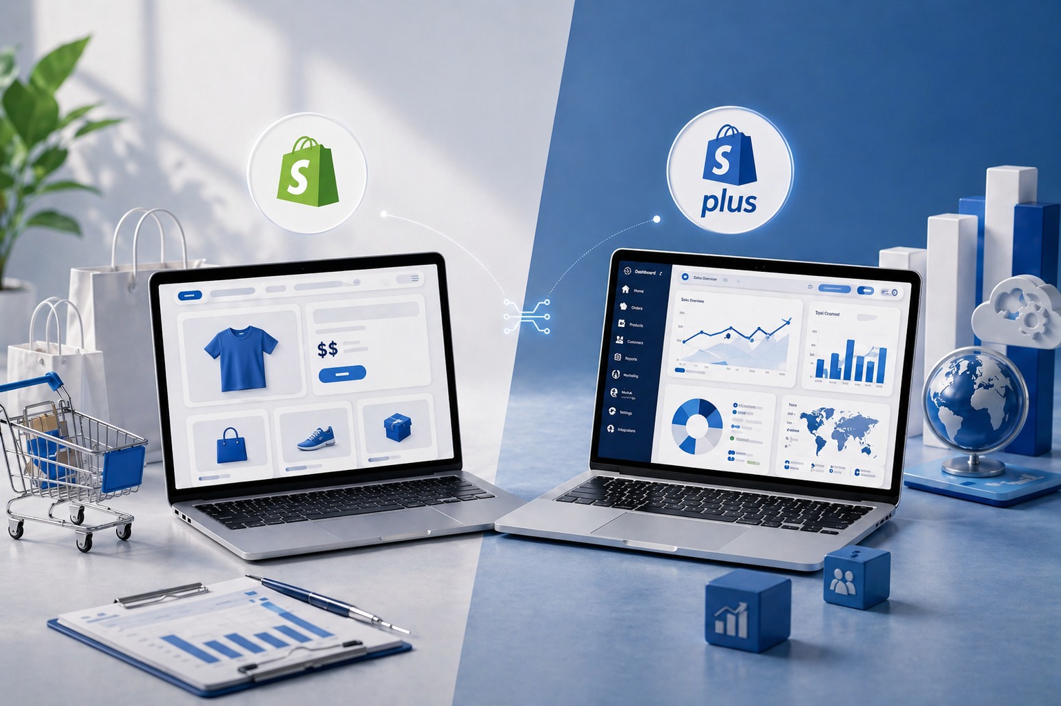 A split-screen comparison showing two laptops on a desk. The left side displays a simple online store interface with a green shopping bag icon, while the right side shows a detailed data analytics dashboard with a blue 'S plus' shopping bag icon.
