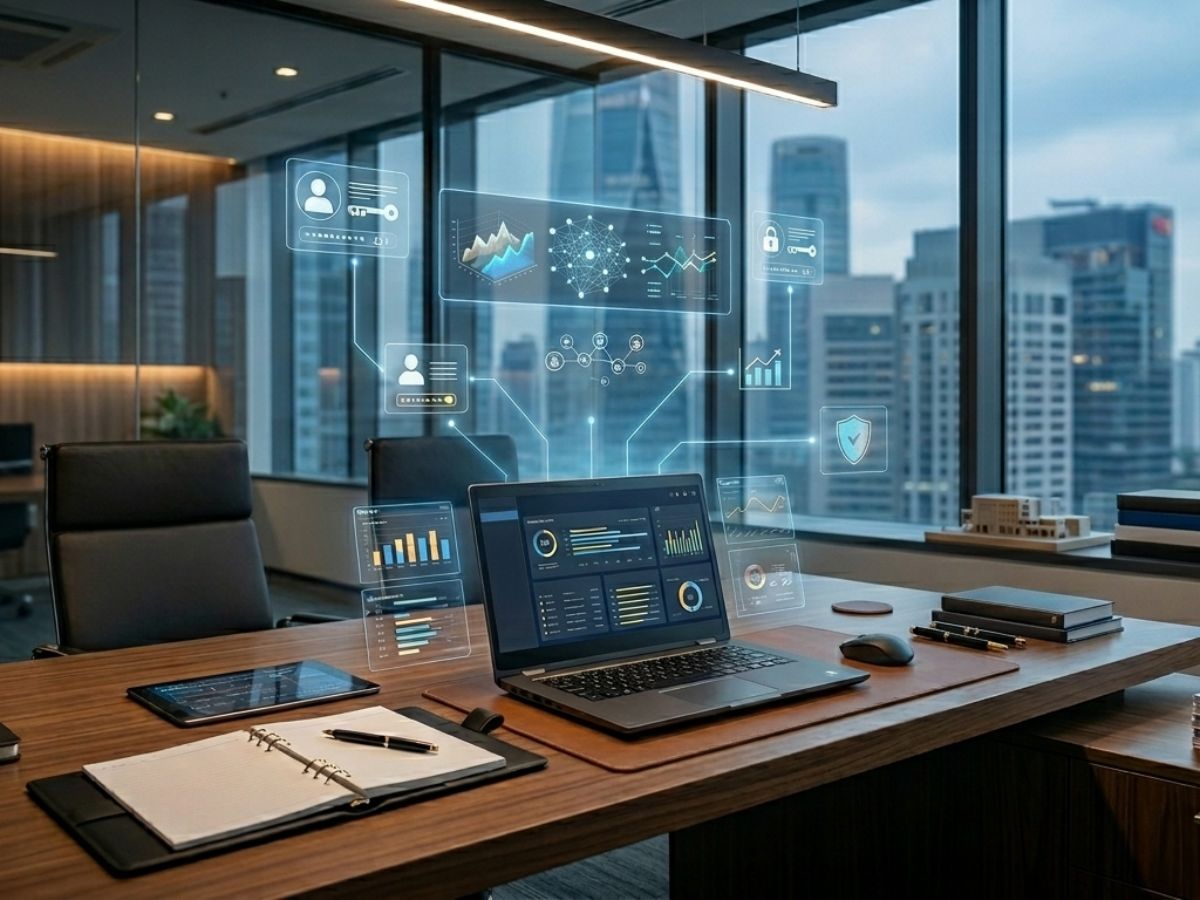 Modern corporate office workspace with laptop dashboard analytics, digital data interface and smart business technology setup