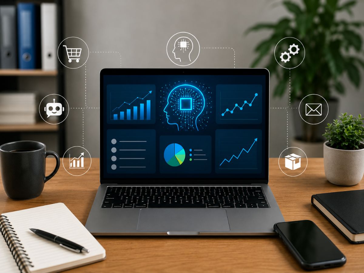 AI-powered ecommerce workspace with a laptop displaying automation analytics, smart shopping technology, and digital business management tools on a modern office desk.