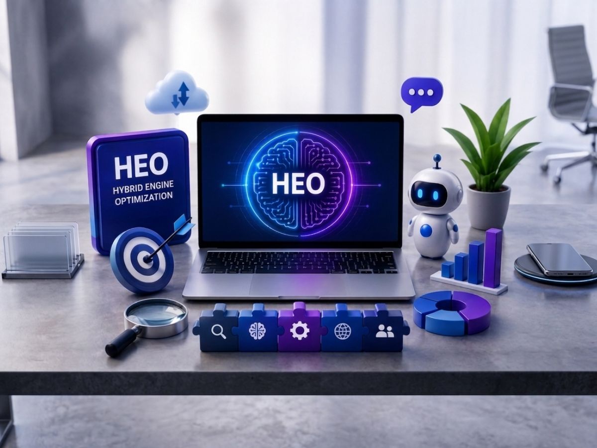 3D illustration of a Hybrid Engine Optimization (HEO) AI workspace featuring a laptop screen with HEO branding, SEO automation tools, analytics charts, chatbot robot, target icon and digital optimization elements in a modern office setting.