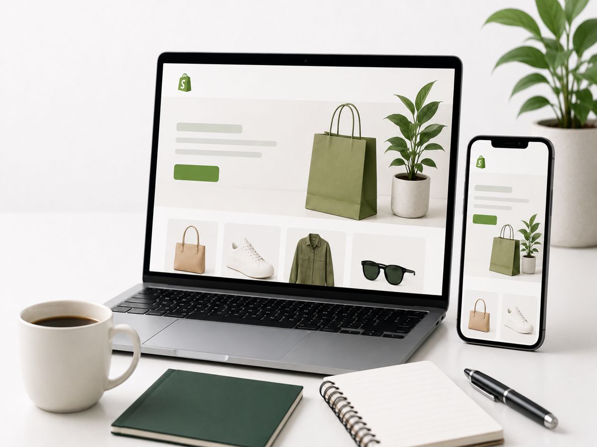 Minimal Shopify ecommerce website mockup displayed on laptop and mobile phone with clean workspace setup and responsive online store design.