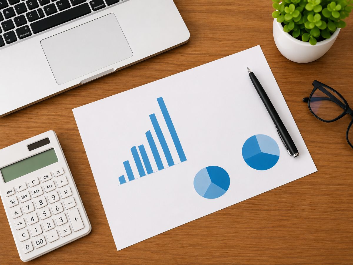 Desk with laptop, calculator, pen, and analytics report showing bar chart and pie charts – representing IT staffing agencies in New York analyzing business performance.