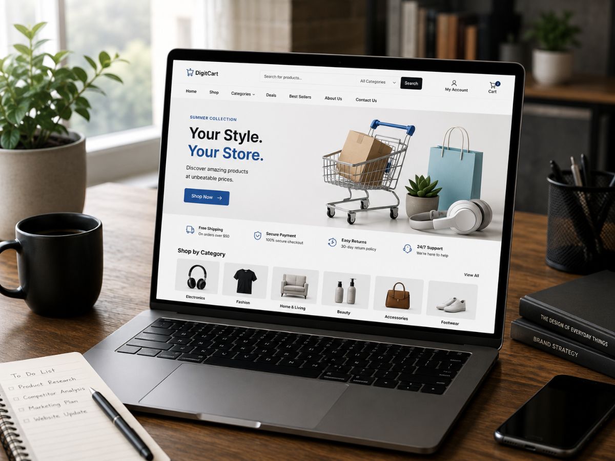 Realistic laptop displaying a modern ecommerce website interface in a professional workspace representing ecommerce web development in California and user experience design.